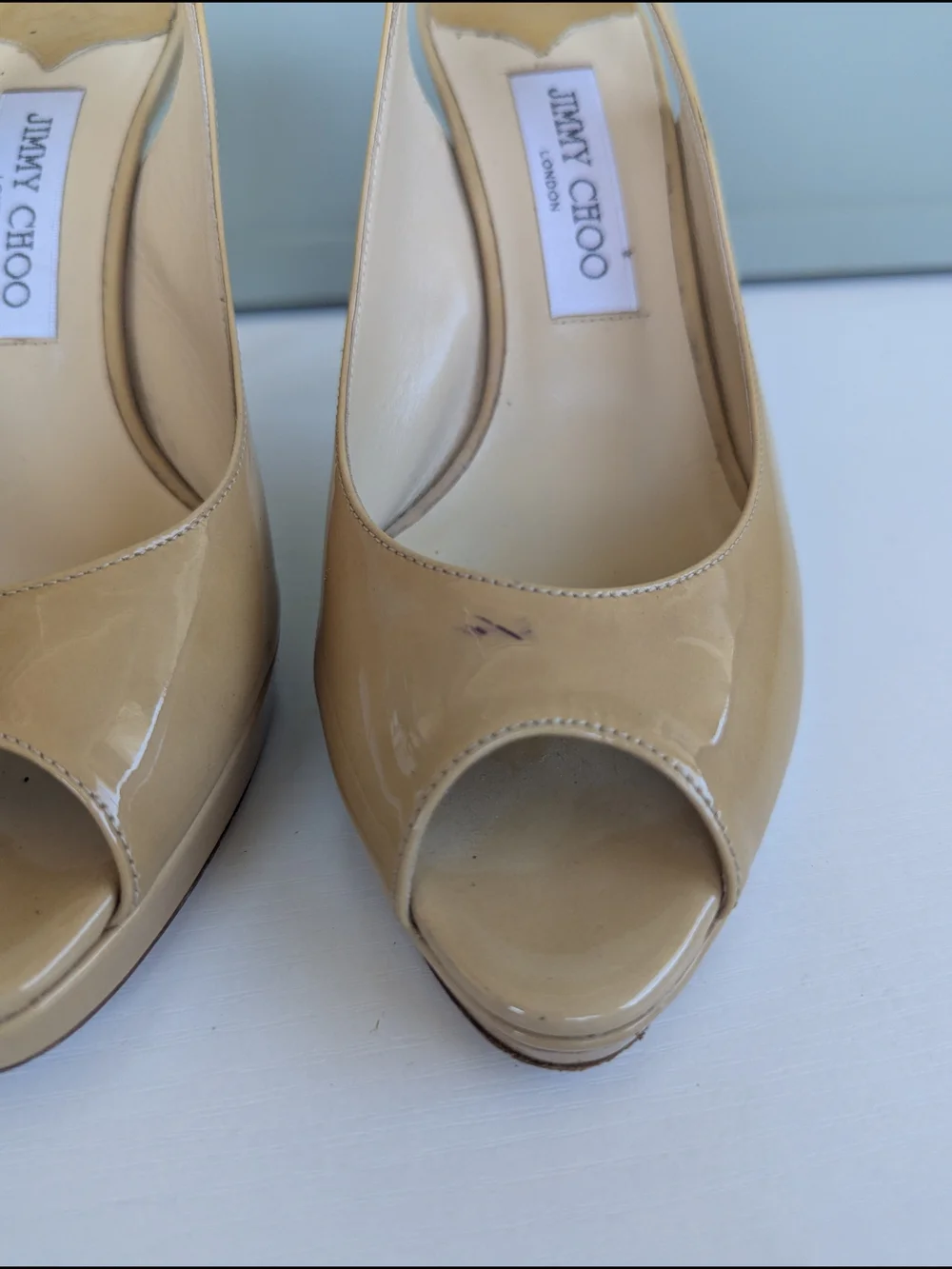Jimmy Choo Beige Patent Leather Peep-Toe Slingback Wedges